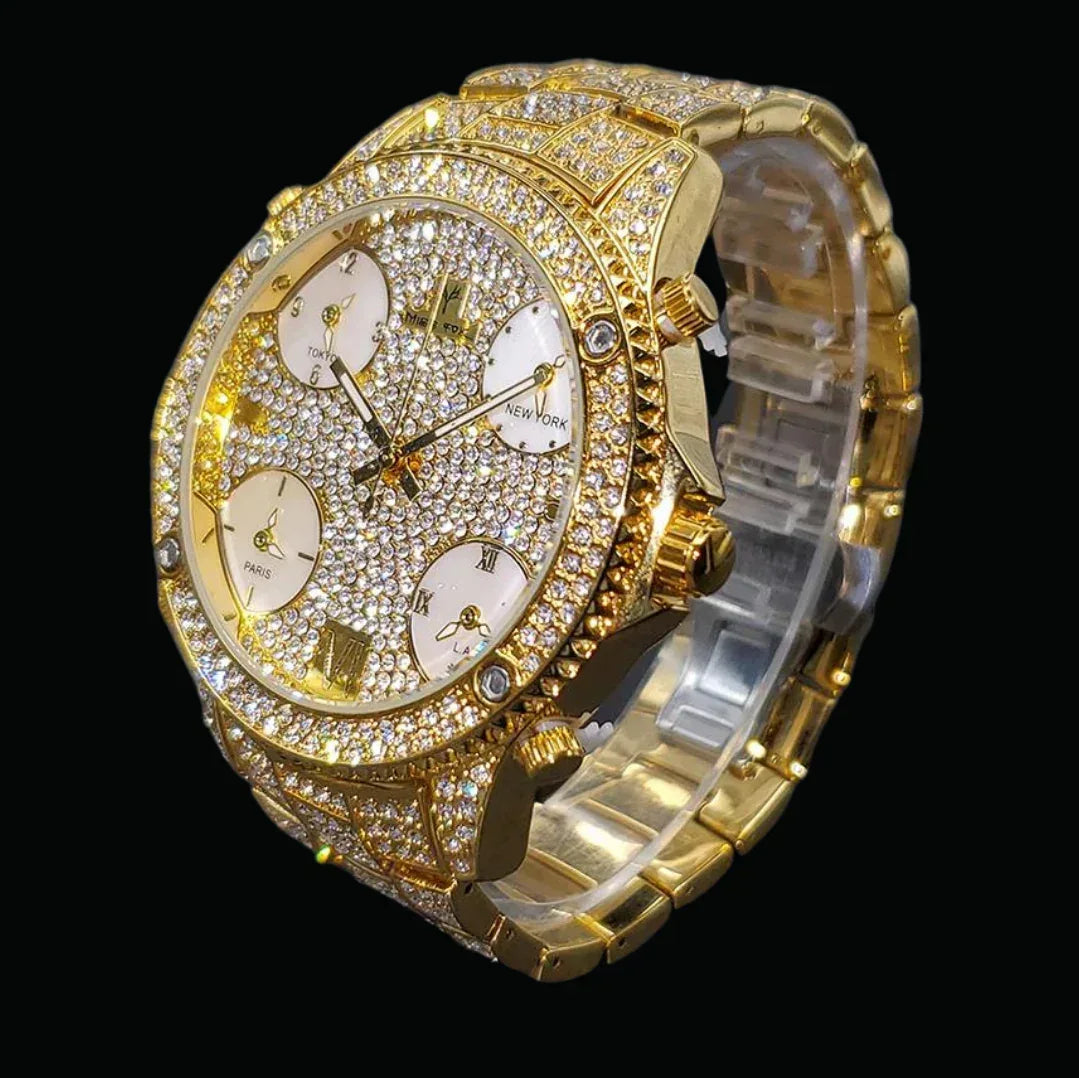 Waterproof Big Dial Dual Time Iced Out Watch – Luxury Hip Hop Style - CaratixJewelry